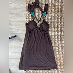 BCX Chocolate Halter Dress with Beaded Detail